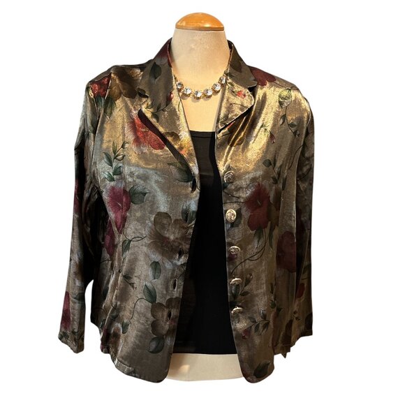 LAS & POLLA Blouse Sz *Large Silky Fabric Beautiful Buttons Long Sleeves Floral - Picture 5 of 13